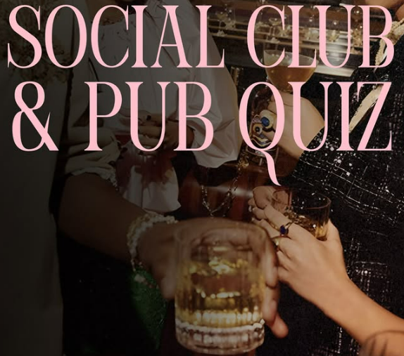 Picture of a group with drinks with Social Club & Pub Quiz overlaid